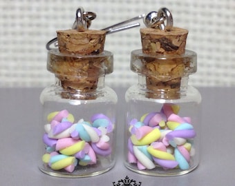 Glass Bottle Earrings with Handmade Marshmallow / Cookies / Candy Cane / Heart Candy / Pralines Filling, 1:12 Scale | Gift Ideas for Her/Him