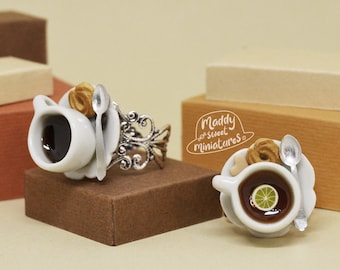 Tea Cup Ring Coffee Cup Handmade Coffee Break Tea Break with Lemon Slice and Miniature Hand Molded Cookies