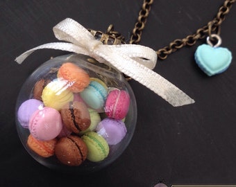 Macaron Necklace, Glass Bubble Necklace with Handmade Pastel Macarons Pastries and White Bow | Gift Ideas for Her