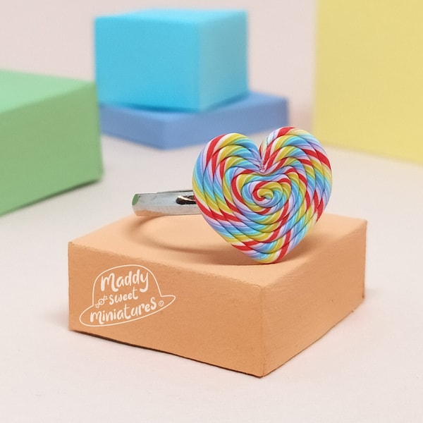 Anneau de bonbons Heart Lollipop des années 50, multicolore, réglable, moulé à la main, sans nickel | Idées cadeaux