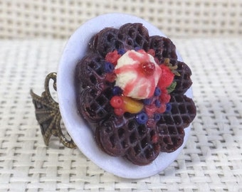 Breakfast Ring Saucer with Chocolate Waffle, Strawberry, Ice Cream and Berries, Hand-Modeled, Miniature Scale 1:12 | Gift Ideas for Her