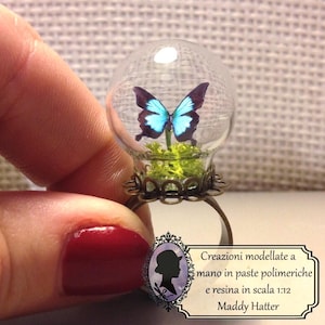 Anello Fatto a Mano con Farfalla di Carta, in Bolla di Vetro, Nero Azzurro