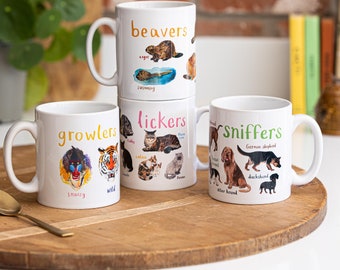 Set of 4 Ceramic Animal Pun Mugs - Growlers Beavers Lickers Sniffers