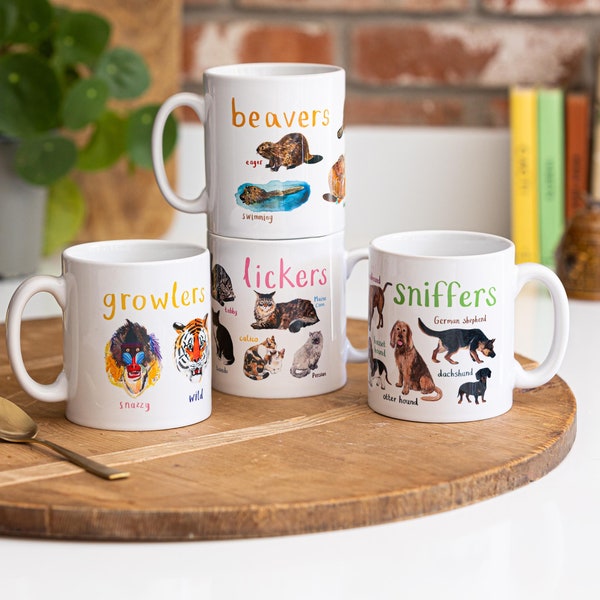Set of 4 Ceramic Animal Pun Mugs - Growlers Beavers Lickers Sniffers