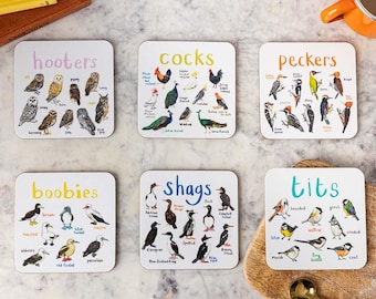 Set of 6 Bird Pun Coasters
