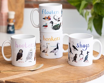 Set of 4 Ceramic Bird Pun Mugs - Floaters Honkers Hooters Shags