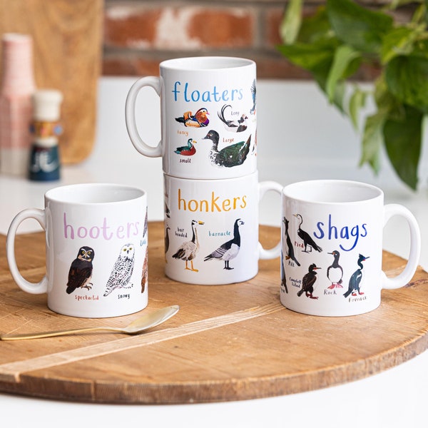 Set of 4 Ceramic Bird Pun Mugs - Floaters Honkers Hooters Shags