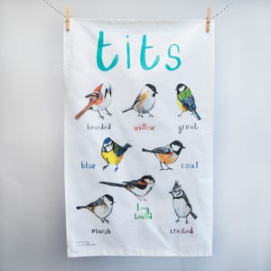 Tits Cotton Tea towel funny bright garden bird pun teatowel TT01 image 2