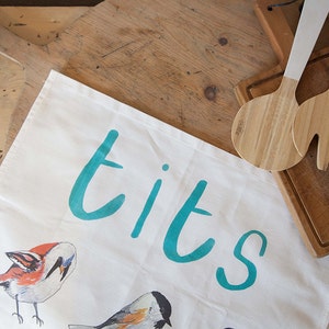 Tits Cotton Tea towel funny bright garden bird pun teatowel TT01 image 4