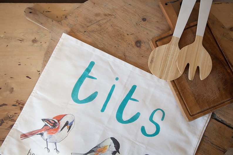 Tits Cotton Tea towel funny bright garden bird pun teatowel TT01 image 4