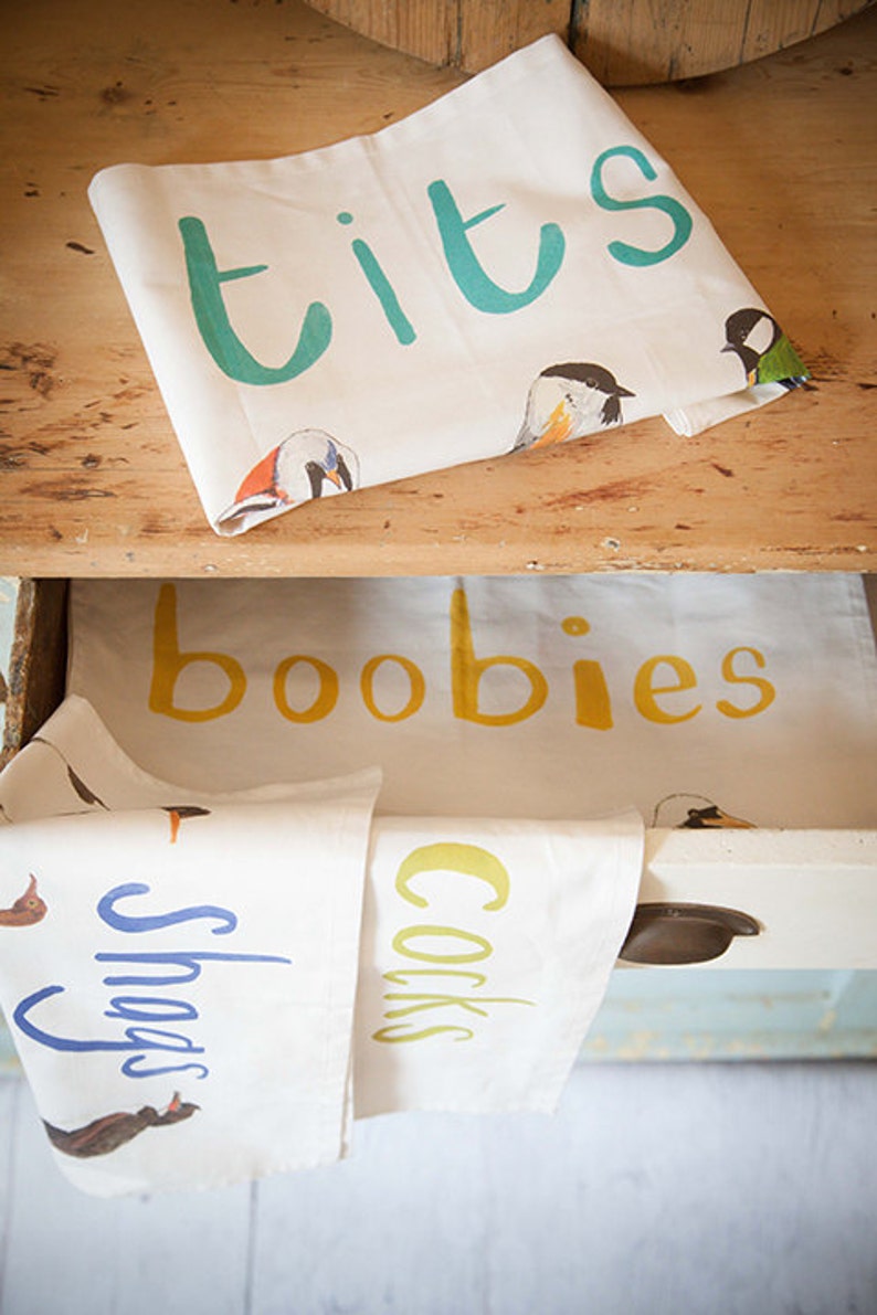 Tits Cotton Tea towel funny bright garden bird pun teatowel TT01 image 6