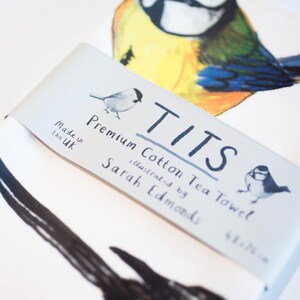 Tits Cotton Tea towel funny bright garden bird pun teatowel TT01 image 1