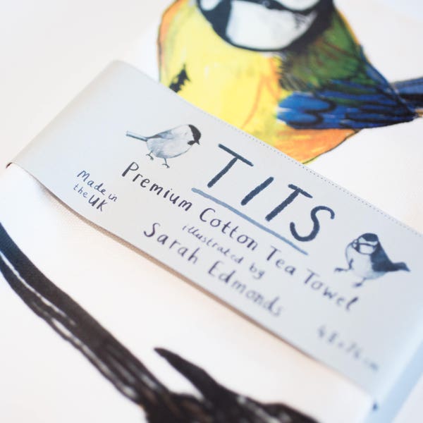 Tits Cotton Tea towel - funny bright garden bird pun teatowel - TT01