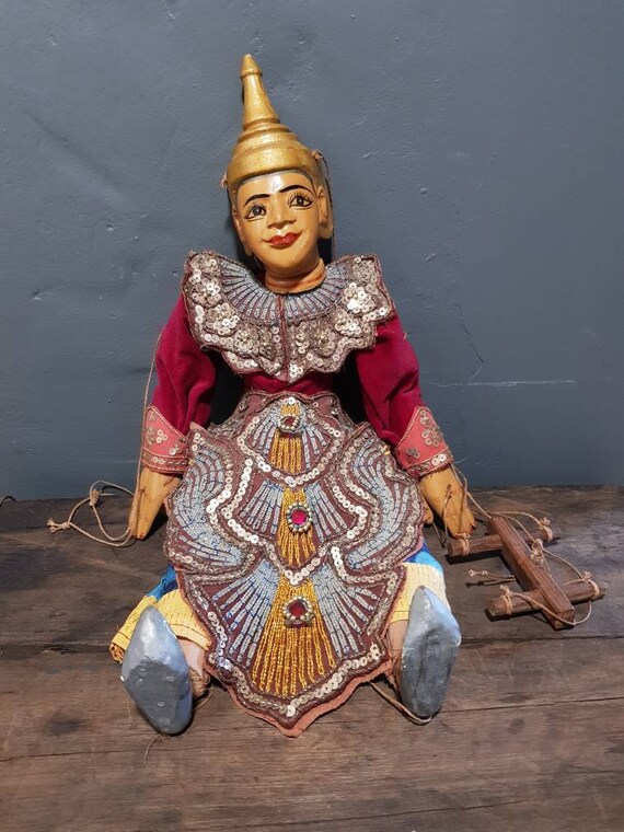 Beautiful Vintage Burmese / Asian Wooden Marionette / Puppet with stunning detailed outfit.