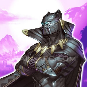 May include: A black and gold superhero figure with a purple background. The figure is wearing a black suit with gold accents and a black mask with a blue glow. The figure is standing with its arms crossed and has a serious expression on its face.