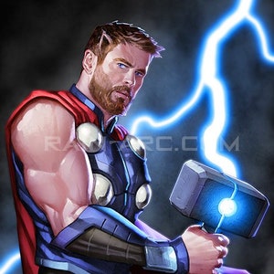 May include: A muscular figure in a red cape and blue and silver armor holds a hammer with a glowing blue center. The figure has a beard and a determined expression. A blue lightning bolt is visible in the background.