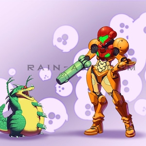 May include: A green and yellow cartoon creature with a wide open mouth and red eyes stands in front of a female character wearing a red and orange spacesuit. The character is holding a green and black weapon. The background is a light purple with white circles.