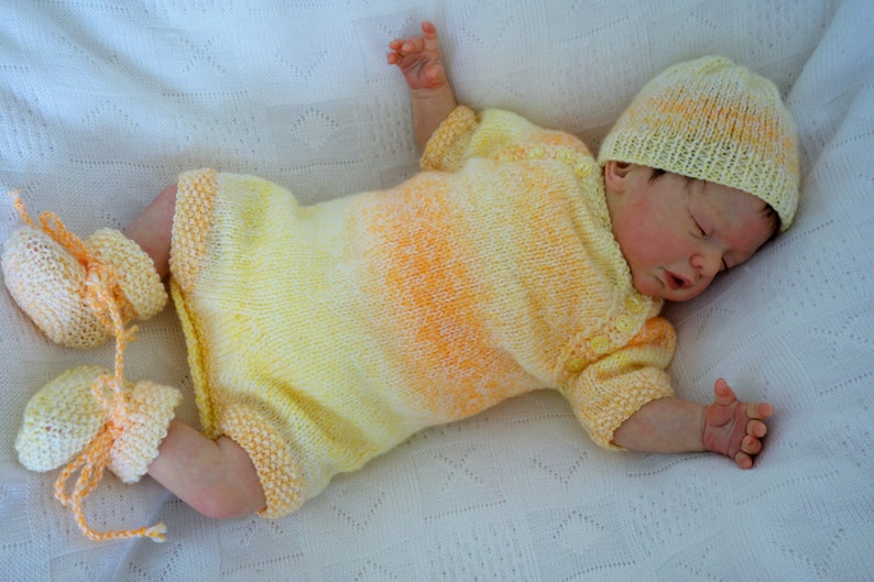 Hand knitted baby romperall-in-one knitted in soft DK in lemonorange with beanie hat and bootees to fit small baby or reborn 19-20