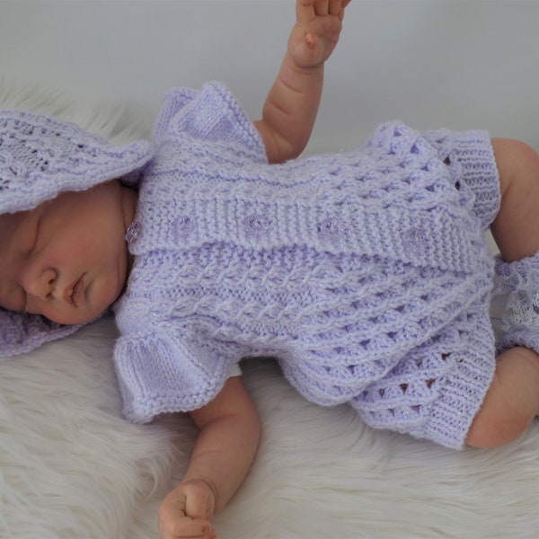 Reborn baby romper, sun hat and bootees. Hand knitted. 19" reborn. Preemie baby. Coming home outfit. Lilac. Doll not incl. FREE UK DEL.