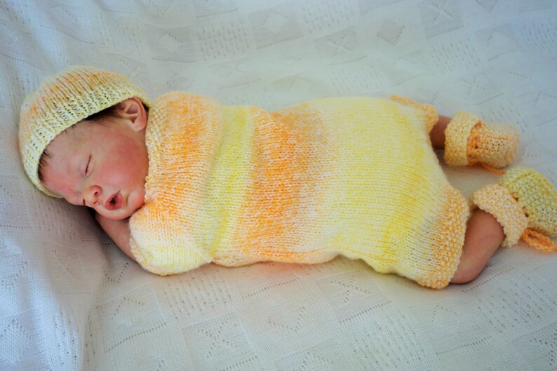 Hand knitted baby romperall-in-one knitted in soft DK in lemonorange with beanie hat and bootees to fit small baby or reborn 19-20