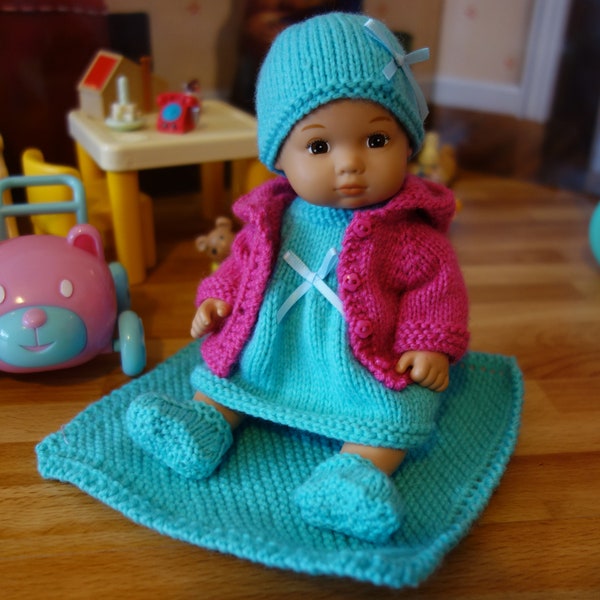 Hand knitted Dress, hoodie, bootees, pants, beanie hat and blanket. 8" doll. Hand knitted. Doll/s not incl. Free UK del.