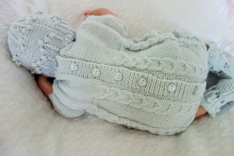 Long line coat Bootees Hand knitted christeningbaptismnaming ceremony outfit Newborn or reborn approx 19-20 Romper Hat Pale grey