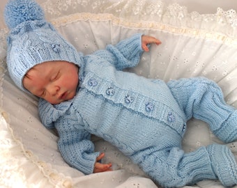 Hand knitted baby hooded romper/all in one. Hat. Bootees. Pale blue. New born. Reborn baby 19-20". Coming home outfit.  Bamboo rich yarn.