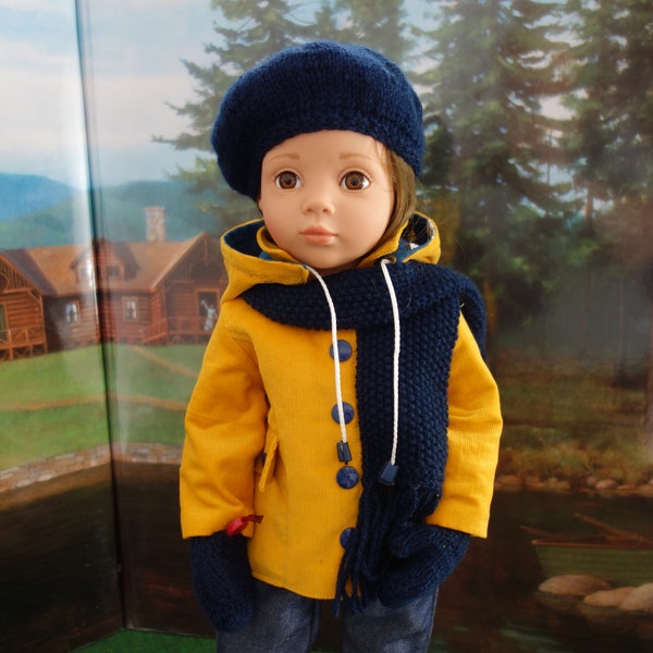 Hand made doll mustard corduroy anorak/coat with Snow White lining, scarf, hat, mitts to fit Gotz Happy Kidz/Gotz Hannah, DOLL NOT INCL.