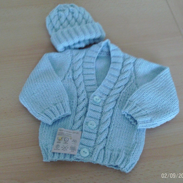 Hand knitted baby boy's cardigan and hat to fit 0-6 months.  A lovely first little cardi