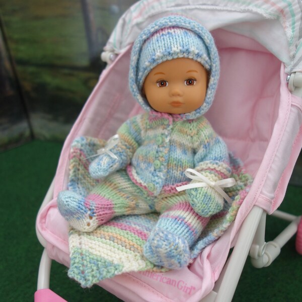 8" doll clothes hand knitted pram set. Leggings, hoodie, beanie, mittens and blanket. Doll not incl. FREE UK Del.