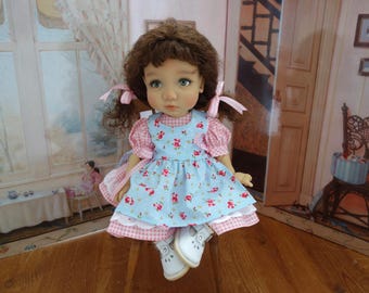 Dress and pinafore with bloomers and hair bow to fit 15 inch My Meadow Moppet doll. Hand made. Doll not incl. Free UK del.