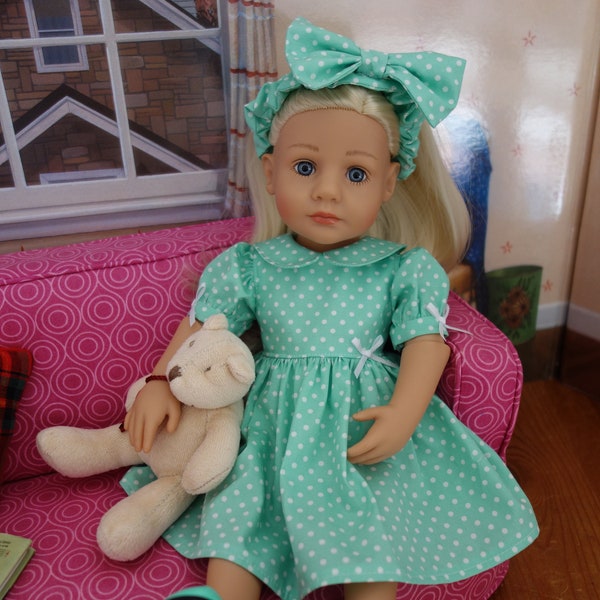 Handmade pale green polka dot dress, knickers and hairband. To fit 36 cm doll.  DOLL NOT INCLUDED.