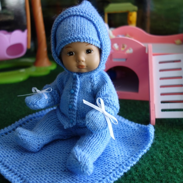 8" doll clothes hand knitted pram set. Leggings, hoodie, beanie, mittens and blanket. Doll not incl. FREE UK Del.