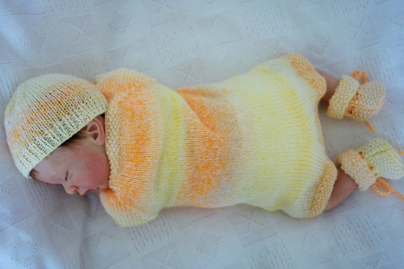 Hand knitted baby romperall-in-one knitted in soft DK in lemonorange with beanie hat and bootees to fit small baby or reborn 19-20