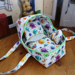 Hand made carrycot to fit 8&quot; doll.  Bassinette/mattress/pillow/duvet/cushions. Cute aliens. Doll basket. DOLL NOT INC. Free Uk del.