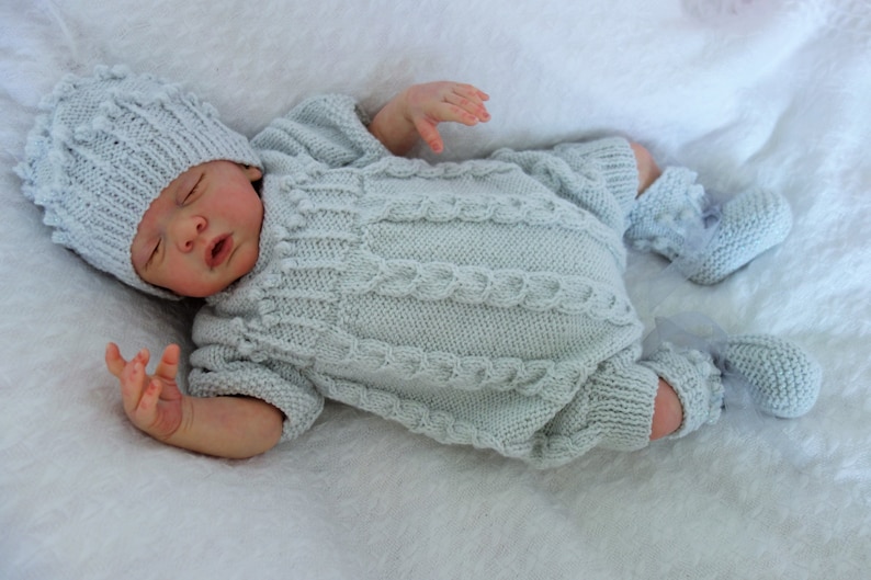 Long line coat Bootees Hand knitted christeningbaptismnaming ceremony outfit Newborn or reborn approx 19-20 Romper Hat Pale grey