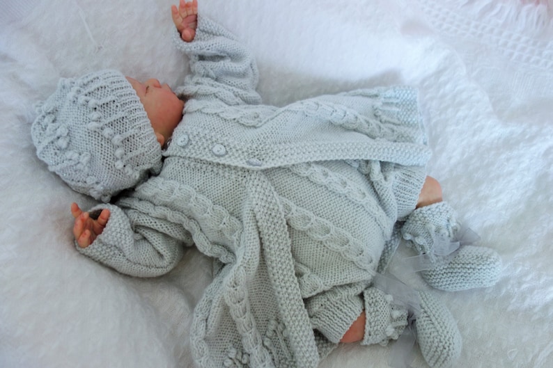 Long line coat Bootees Hand knitted christeningbaptismnaming ceremony outfit Newborn or reborn approx 19-20 Romper Hat Pale grey