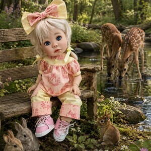 May include: A doll with blonde hair and blue eyes wearing a large yellow bow, a peach-coloured top with a fawn print, and matching trousers. The doll wears pink and white trainers and sits on a wooden bench in a forest setting with deer and rabbits.
