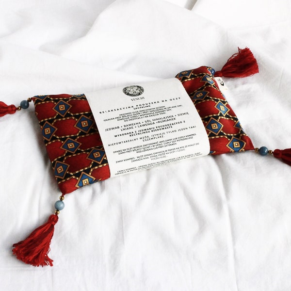 Relaksacyjna poduszka na oczy z JEDWABIU + Awenturyn UPCYCLING 100% JEDWAB czerwona poduszka na oczy z lawendą solą himalajską do medytacji
