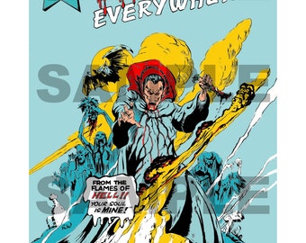 May include: A vintage comic book cover featuring a vampire with red eyes and a red cape, surrounded by other vampires. The cover is titled "Vampires Everywhere!" and features the text "From the flames of hell!! Your soul is mine!"