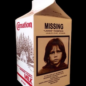 Réplica del cartón de leche "Laddie Thompson" de Lost Boys. Utilería de terror.