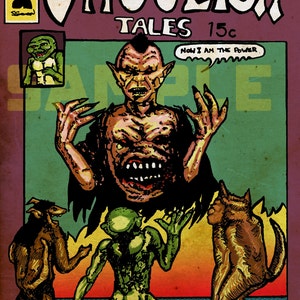 Può includere: Una copertina di fumetto vintage con sfondo verde e rosso. Il titolo è "Ghoulish Tales" e il prezzo è di 15c. La copertina presenta una creatura mostruosa con una grande bocca e denti aguzzi. La creatura è circondata da tre creature umanoidi più piccole.