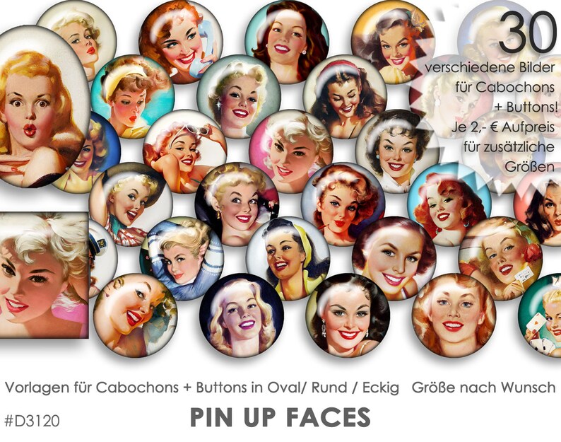 PIN UP FACES 30 Cabochonvorlagen Cabochon Vorlagen digital Download Buttonvorlagen Bilder für Schmuck Cabochon Buttons template Collage Bild 1