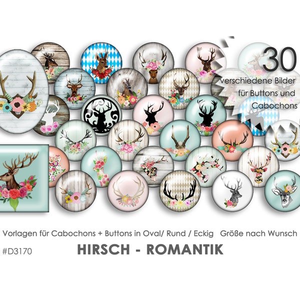 HIRSCH Romantik - Cabochon Vorlagen digitale Cabochonvorlagen Bilder für Buttons Selbstausdruck Collagebogen Schmuckbilder Hirsch Reh