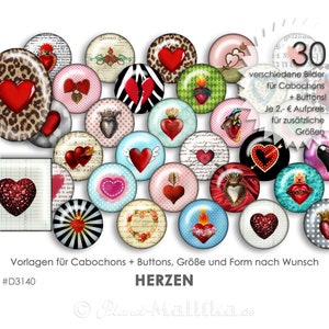 HERZEN 30 Cabochonvorlagen Cabochon Vorlagen digital Download Buttonvorlagen Bilder für Schmuck Cabochon Buttons Cabochon template Collage