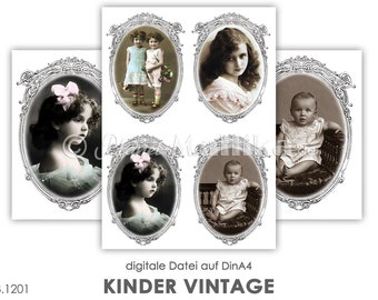 digitale Datei KINDER vintage Bilderbogen Selbstausdruck Download Geschenkanhänger Karten basteln kreativ Material vintage Foto Collage
