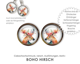 BOHO HIRSCH Ohrringe Ohrstecker Hängeohrringe Schmuck Cabochon Fingerring Ring Kette Brosche Kettenanhänger Schlüsselanhänger Aquarell