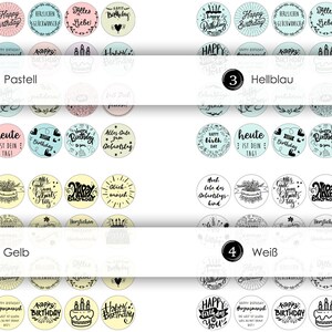 May include: A set of 40 round stickers with various birthday greetings in black text on different colored backgrounds. The backgrounds include pastel, light blue, yellow, and white.