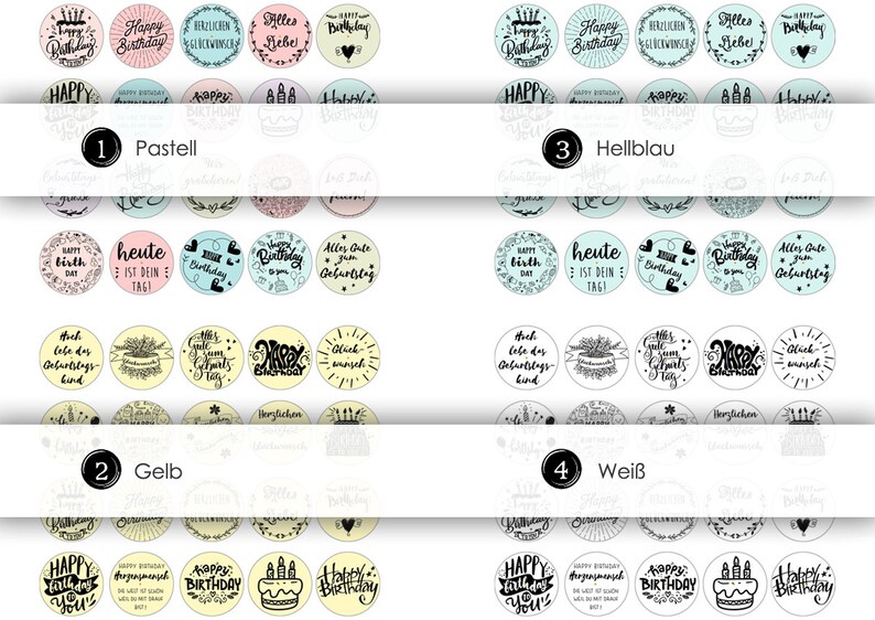 May include: A set of 40 round stickers with various birthday greetings in black text on different colored backgrounds. The backgrounds include pastel, light blue, yellow, and white.