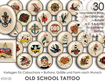 30 digitale Cabochonvorlagen OLD SCHOLL TATTOO Cabochon Vorlagen digital Download Buttonvorlagen Schmuckbilder Buttons template Collage